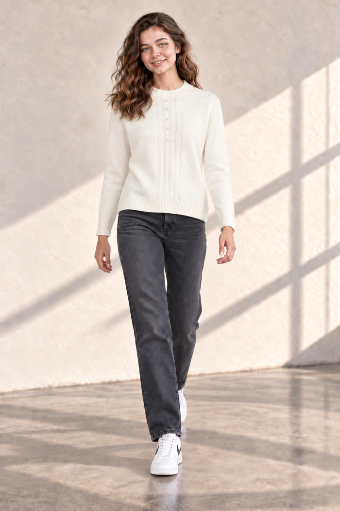 Women’s Off White Knit Sweater – Regular Fit Full Sleeve Winter Pullover