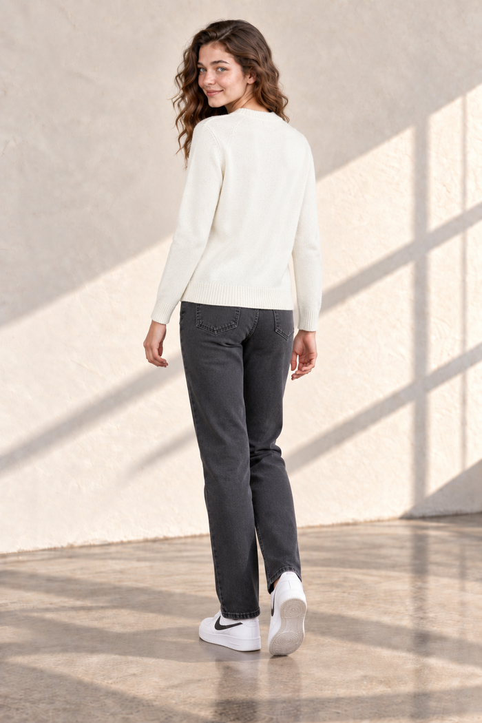 Women’s Off White Knit Sweater – Regular Fit Full Sleeve Winter Pullover