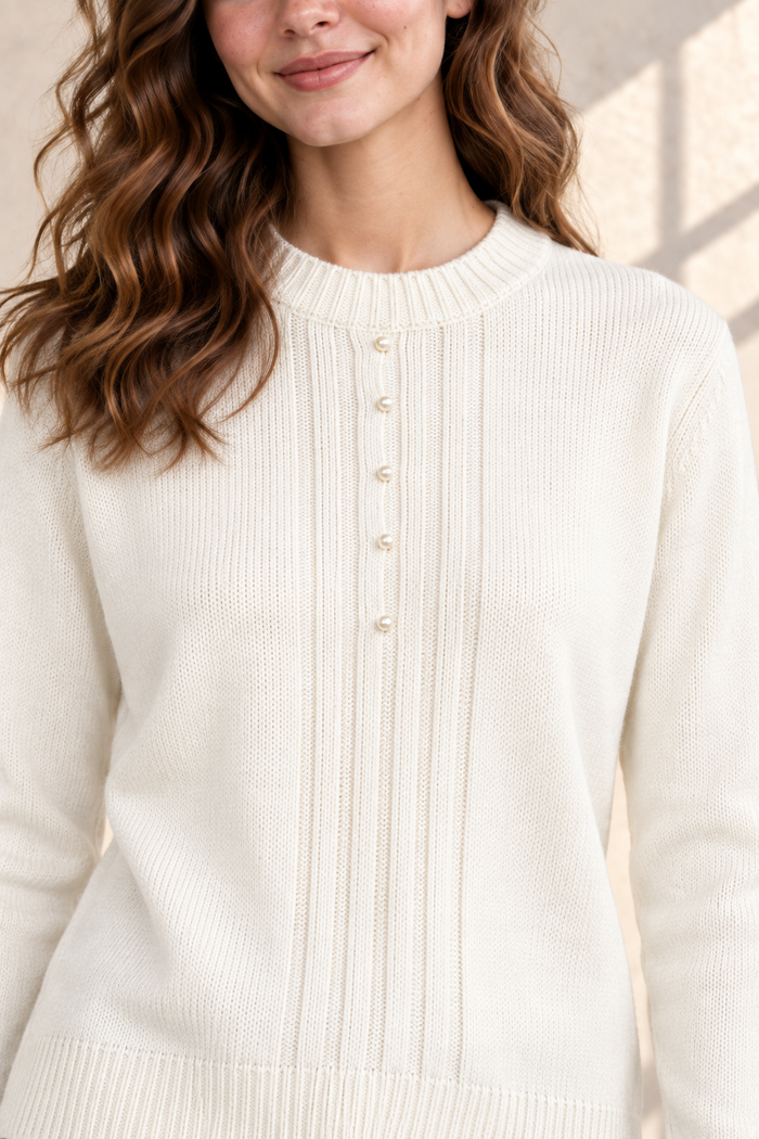 Women’s Off White Knit Sweater – Regular Fit Full Sleeve Winter Pullover