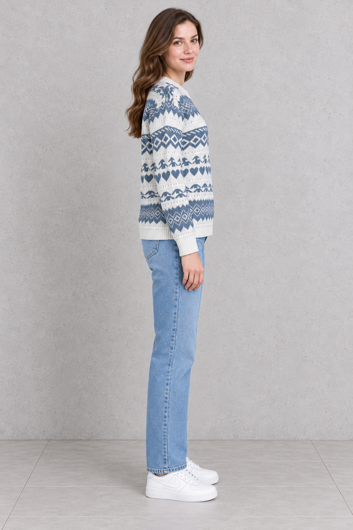 Women’s Off White & Oxford Blue Jacquard Knit Sweater – Regular Fit Full Sleeve Winter Pullover