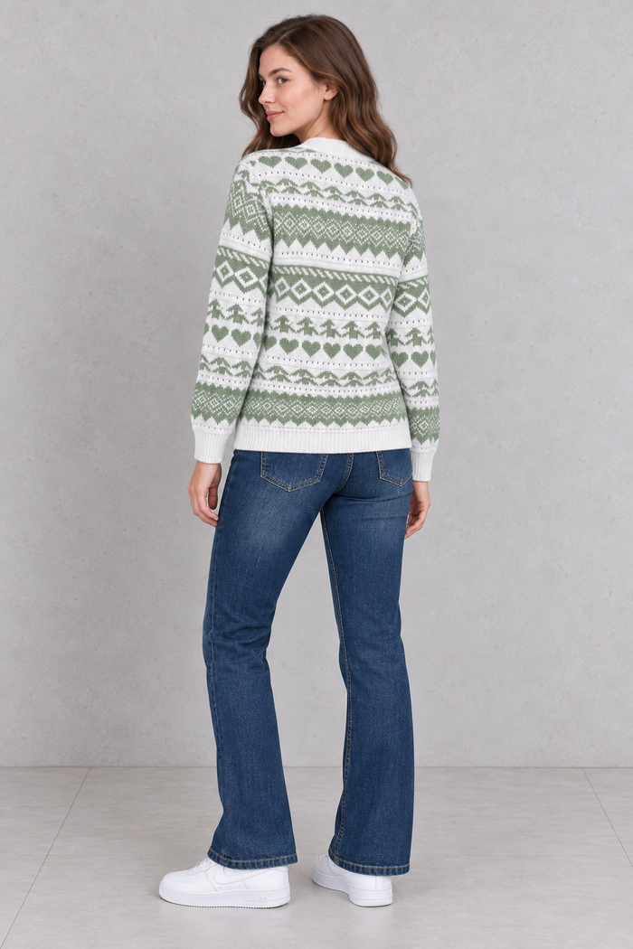 Women’s Off White & Sage Jacquard Knit Sweater – Regular Fit Full Sleeve Winter Pullover