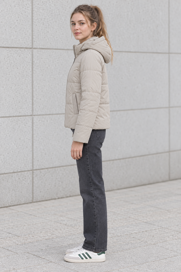 Women’s Stone Nylon Puffer Jacket with Hood – Regular Fit Winter Jacket