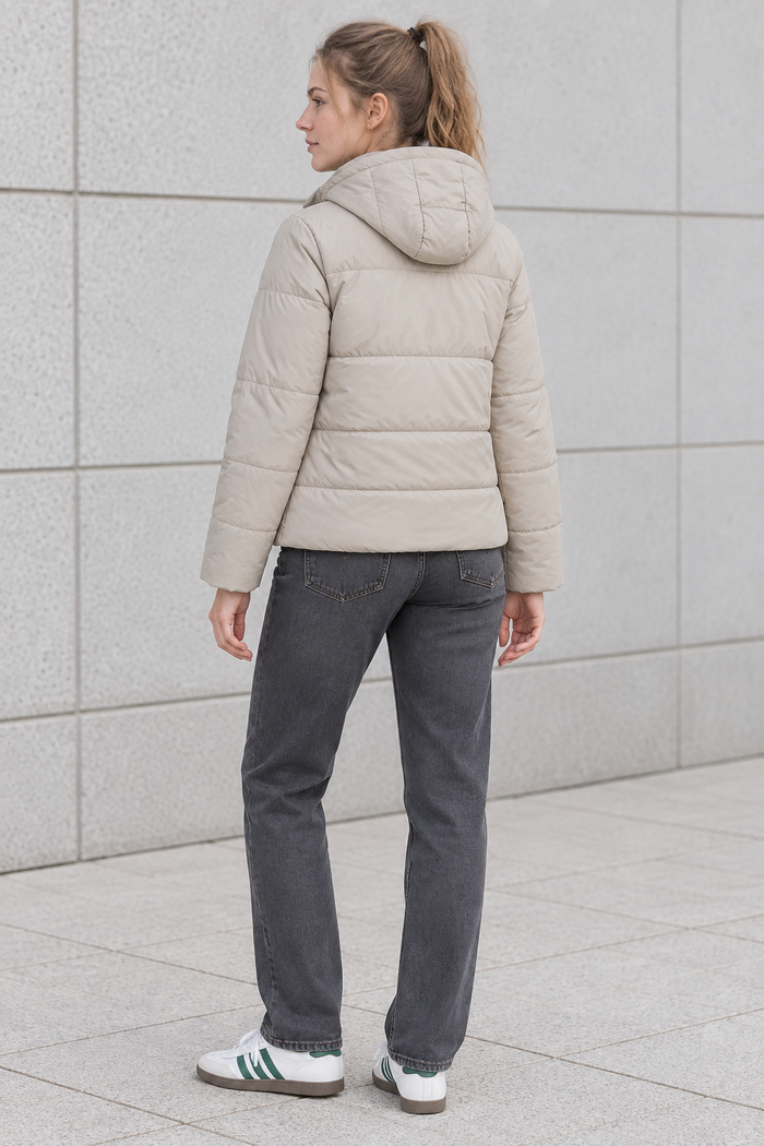Women’s Stone Nylon Puffer Jacket with Hood – Regular Fit Winter Jacket