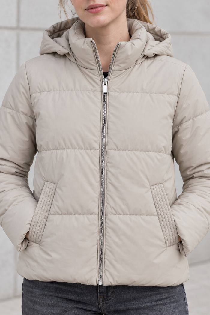 Women’s Stone Nylon Puffer Jacket with Hood – Regular Fit Winter Jacket