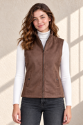 Women’s Suede Puffer Gilet – Choco Brown Regular Fit Sleeveless Winter Jacket