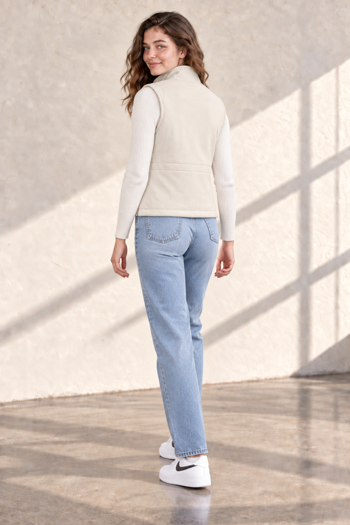 Women’s Suede Puffer Gilet – Ivory Regular Fit Sleeveless Winter Jacket