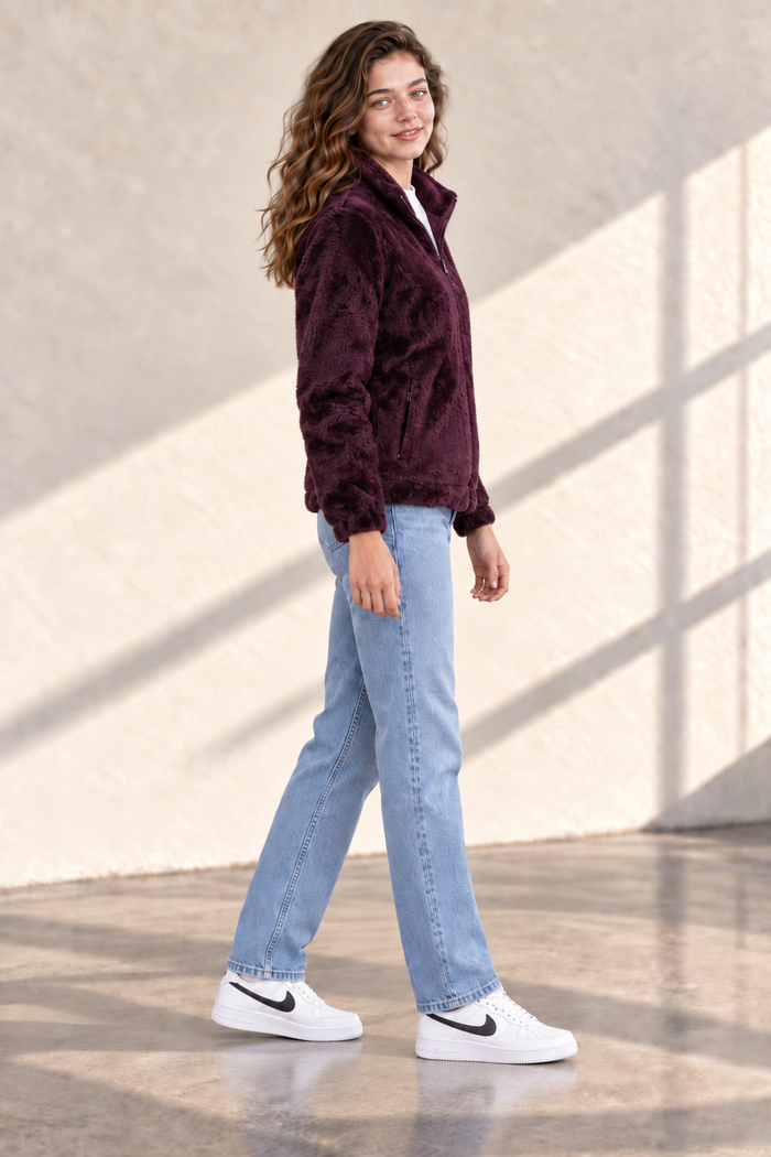 Women’s Wine Coral Fur Sweatshirt | Full-Zip Regular Fit High Neck Winter Jacket