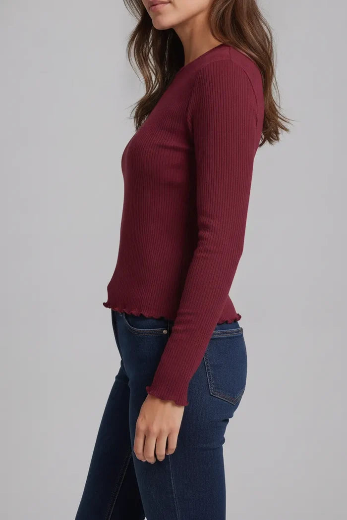 Women’s Wine Rib-Knit Viscose Round-Neck Full-Sleeve Winter Top