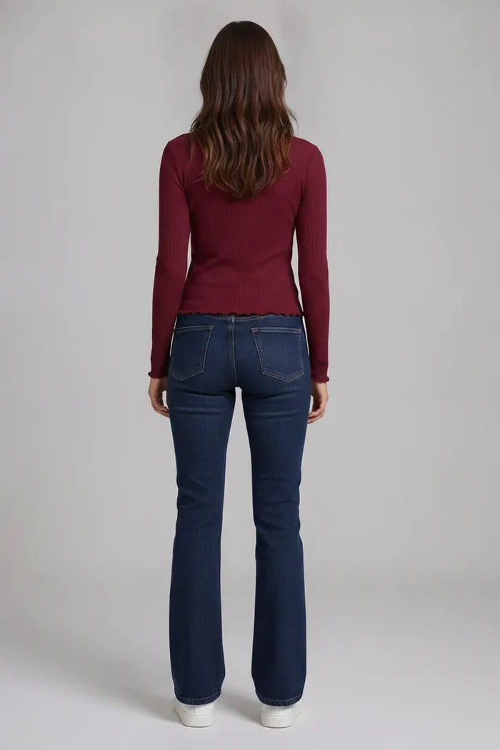 Women’s Wine Rib-Knit Viscose Round-Neck Full-Sleeve Winter Top