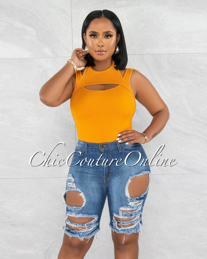*Yenia Medium Denim Biker Distressed Shorts