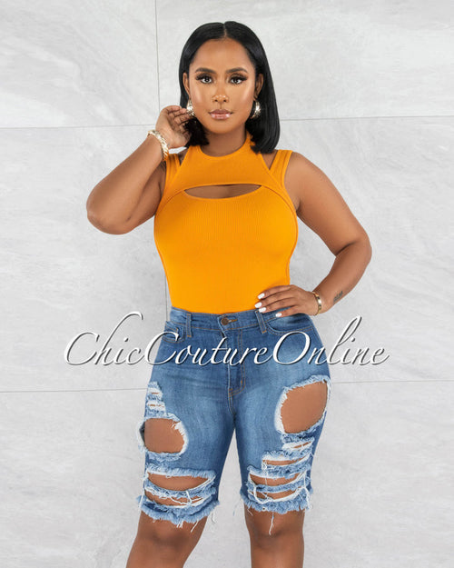 *Yenia Medium Denim Biker Distressed Shorts