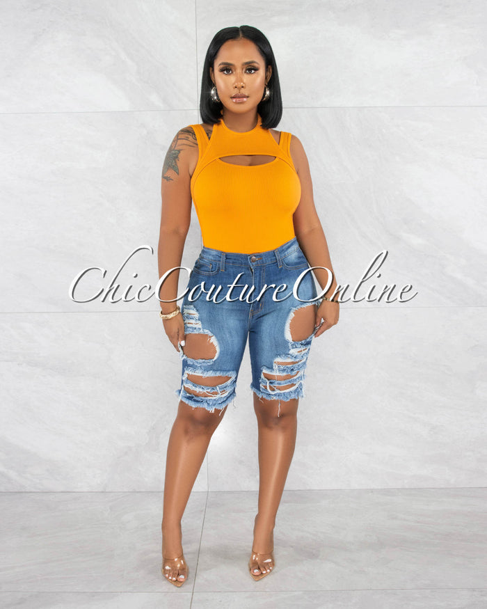 *Yenia Medium Denim Biker Distressed Shorts