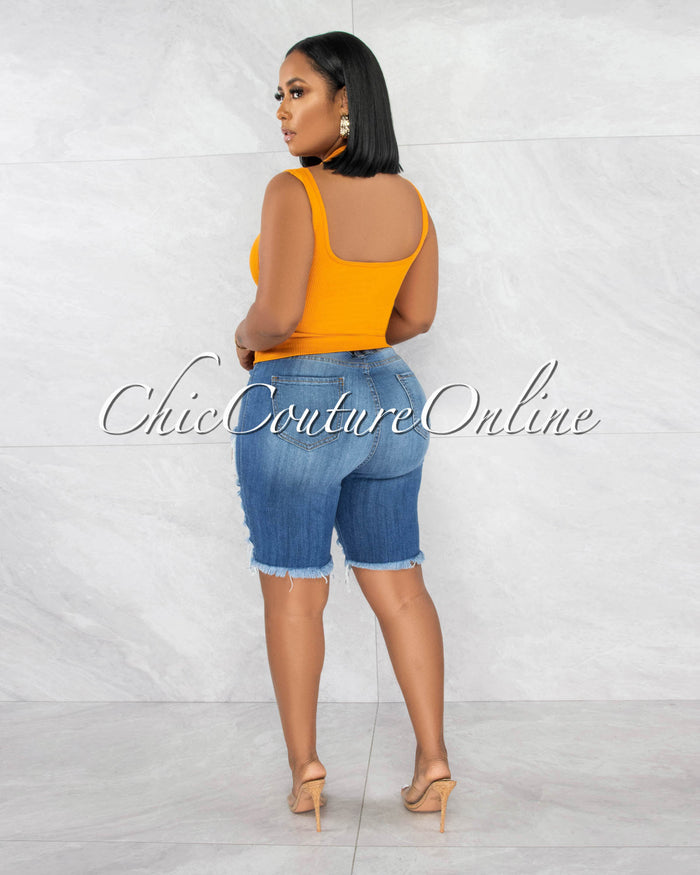 *Yenia Medium Denim Biker Distressed Shorts
