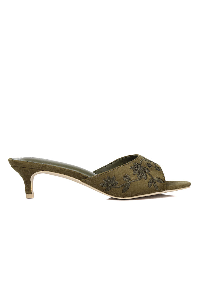 Zana Embroided Kitten Heels (Olive)