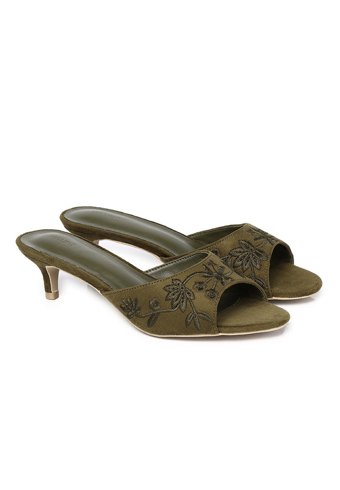 Zana Embroided Kitten Heels (Olive)