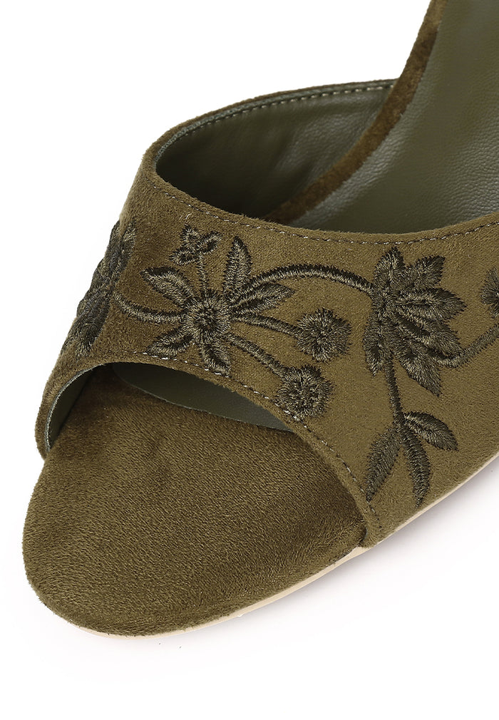 Zana Embroided Kitten Heels (Olive)