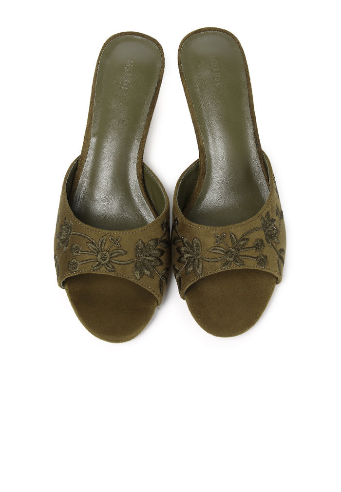 Zana Embroided Kitten Heels (Olive)
