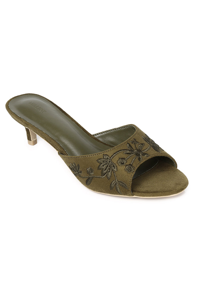 Zana Embroided Kitten Heels (Olive)
